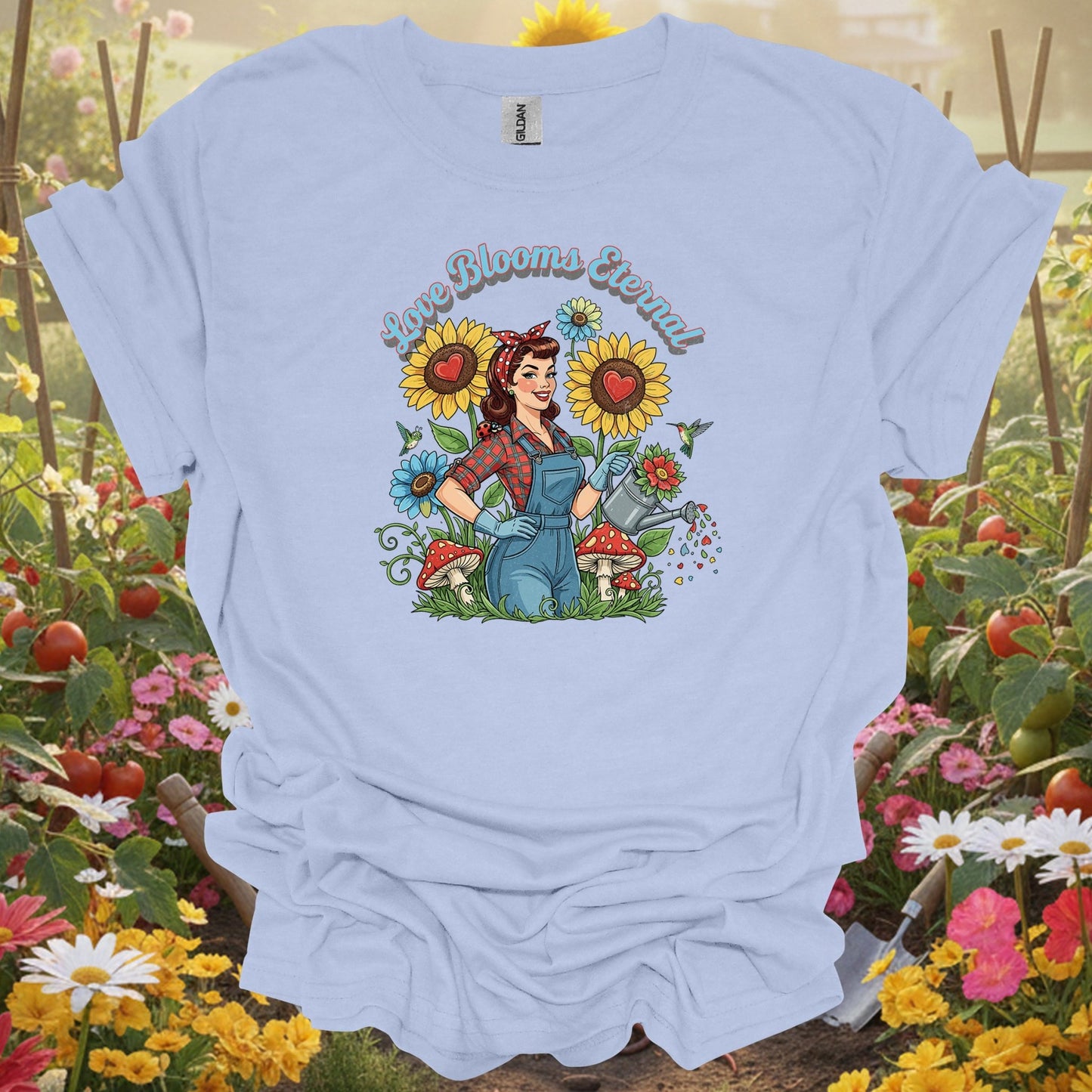 Love Blooms Eternal | Retro Pin - up Gardener Graphic Shirt - GardeningTshirts
