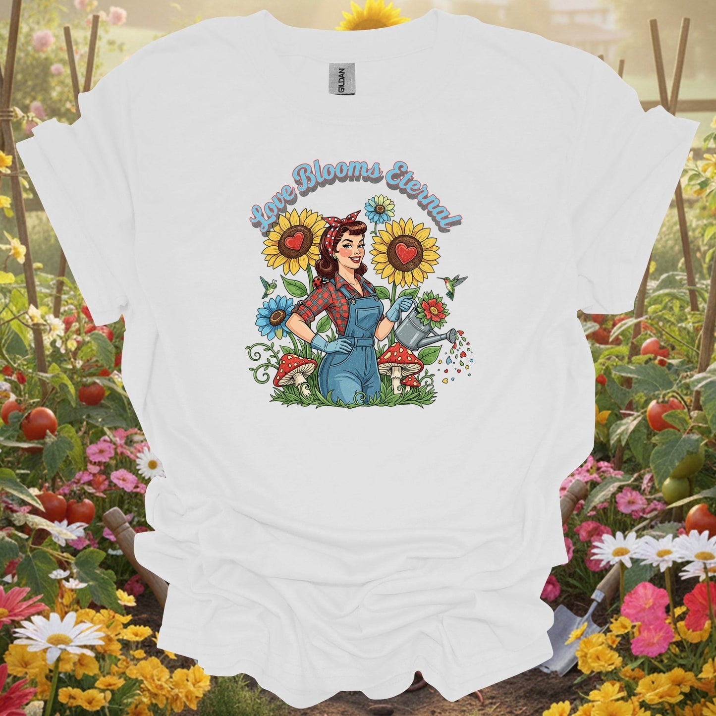 Love Blooms Eternal | Retro Pin - up Gardener Graphic Shirt - GardeningTshirts