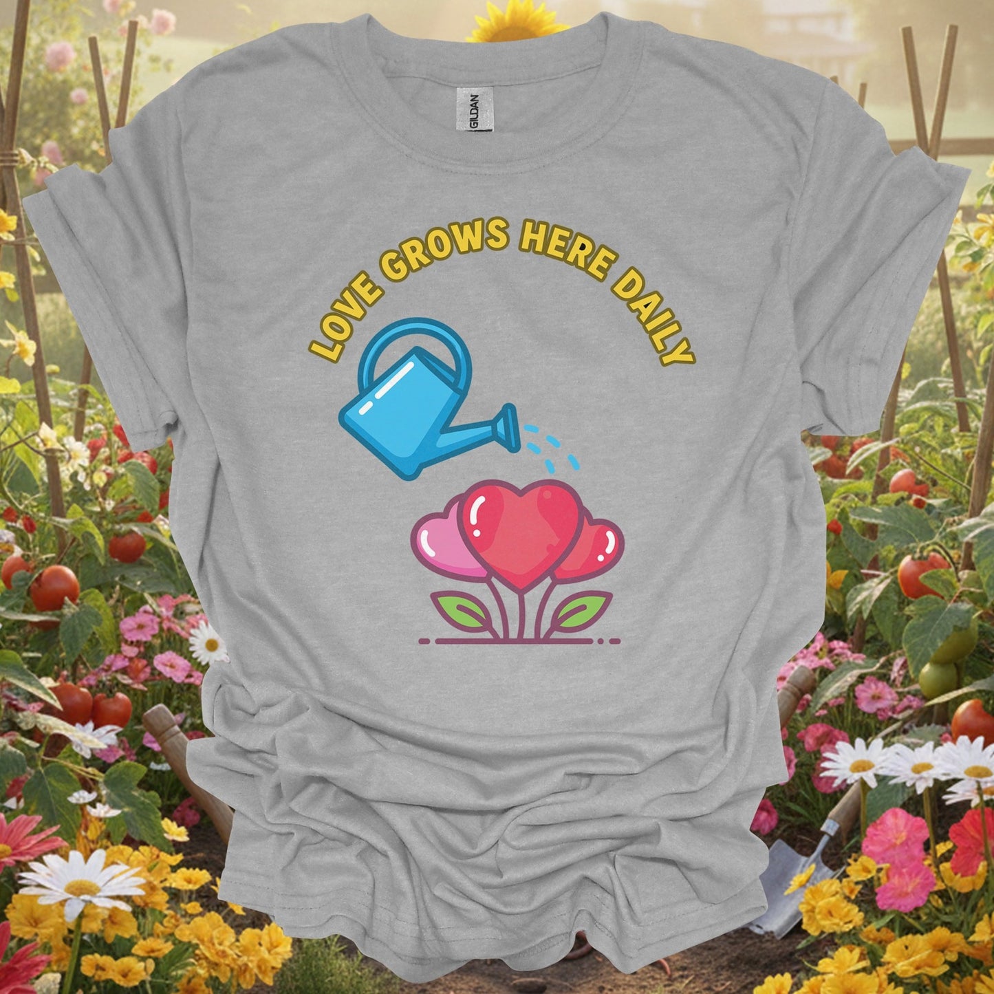 "Love Grows Here Daily" Heart Plant T Shirt - GardeningTshirts