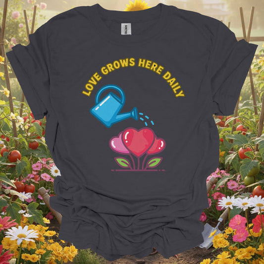 "Love Grows Here Daily" Heart Plant T Shirt - GardeningTshirts