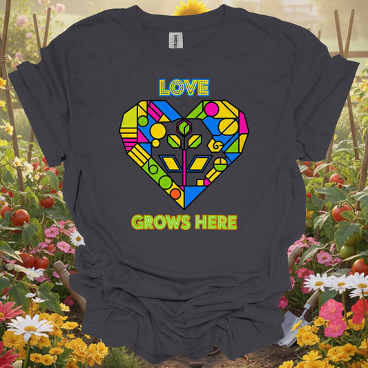 "Love Grows Here" Geometric Heart T-Shirt - GardeningTshirts