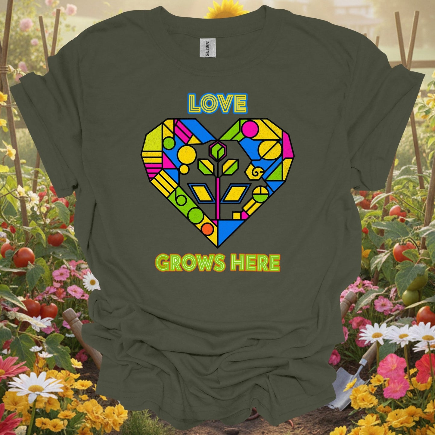 "Love Grows Here" Geometric Heart T-Shirt - GardeningTshirts