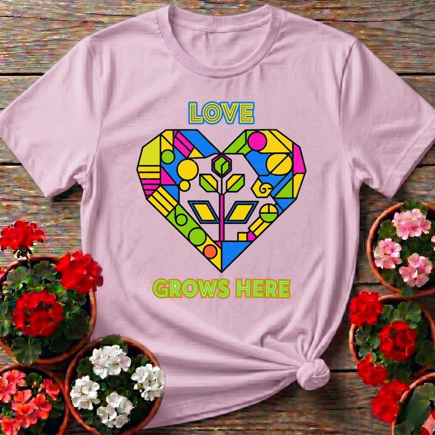 Love Grows Here Geometric Heart T shirt - GardeningTshirts
