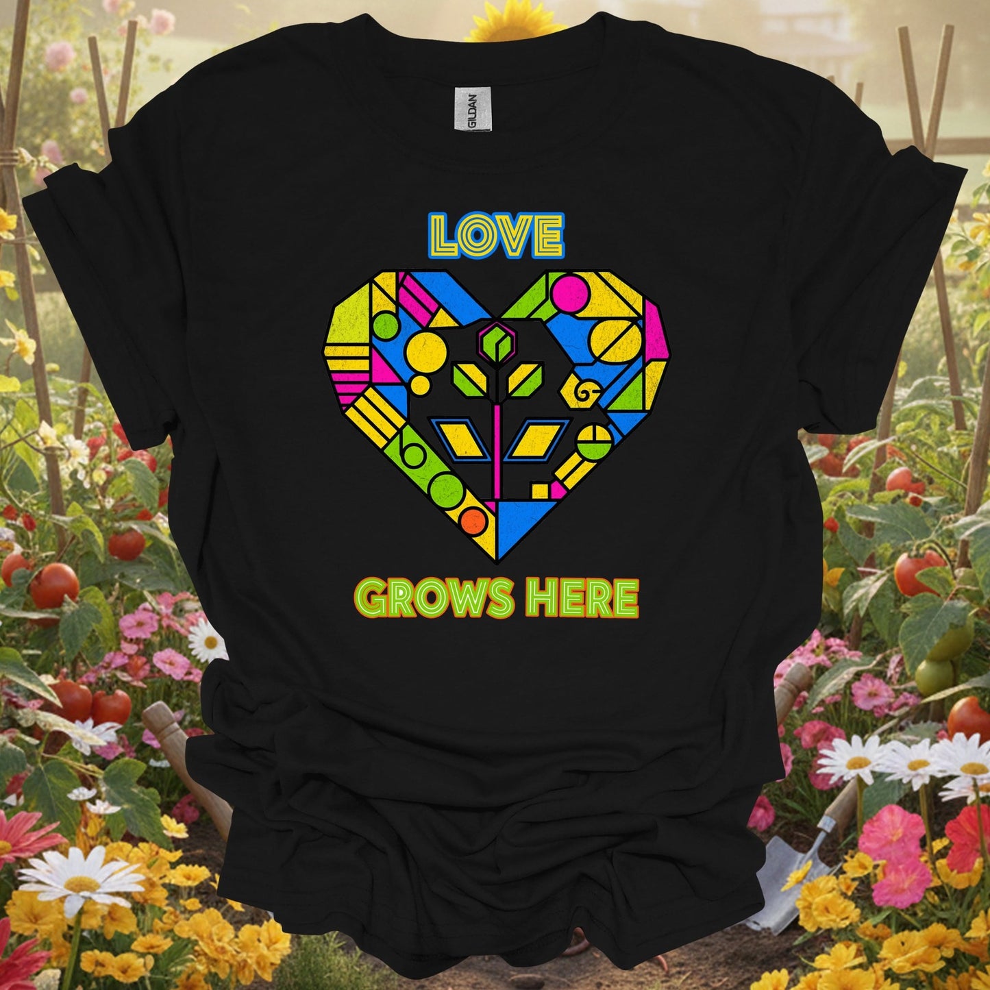 "Love Grows Here" Geometric Heart T-Shirt - GardeningTshirts