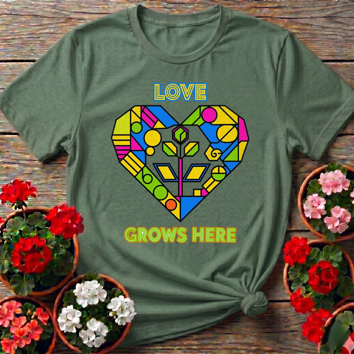 Love Grows Here Geometric Heart T shirt - GardeningTshirts