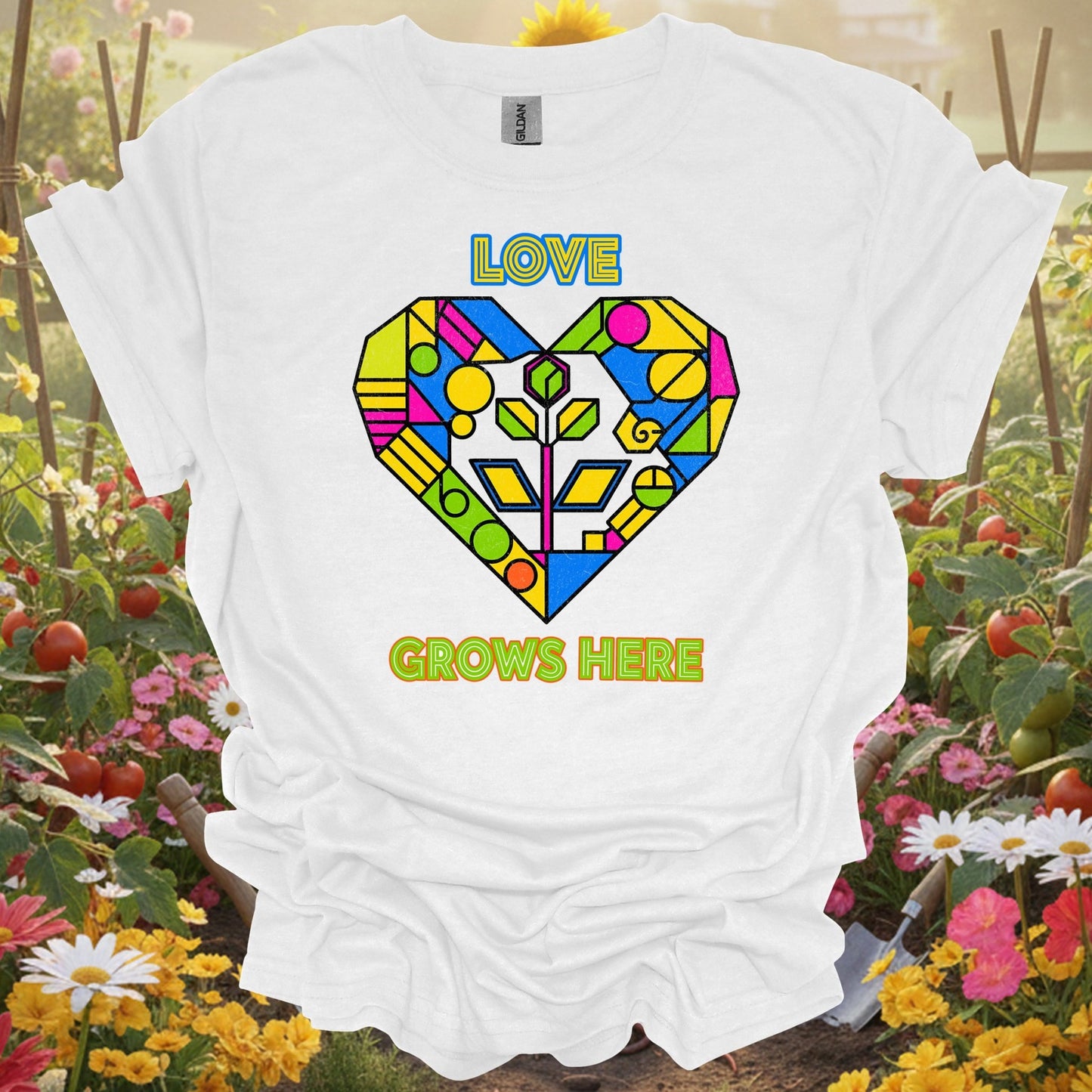 "Love Grows Here" Geometric Heart T-Shirt - GardeningTshirts