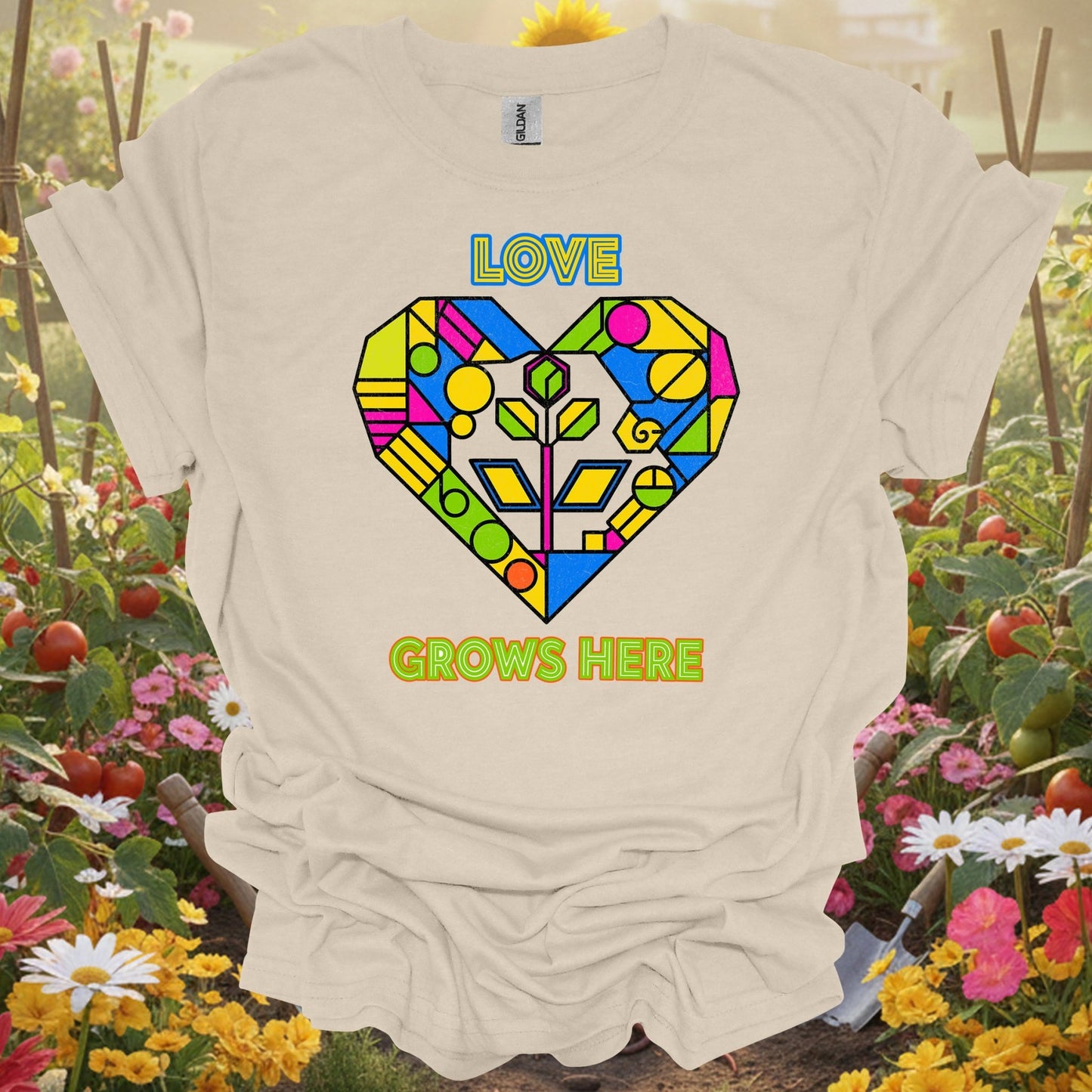 "Love Grows Here" Geometric Heart T-Shirt - GardeningTshirts