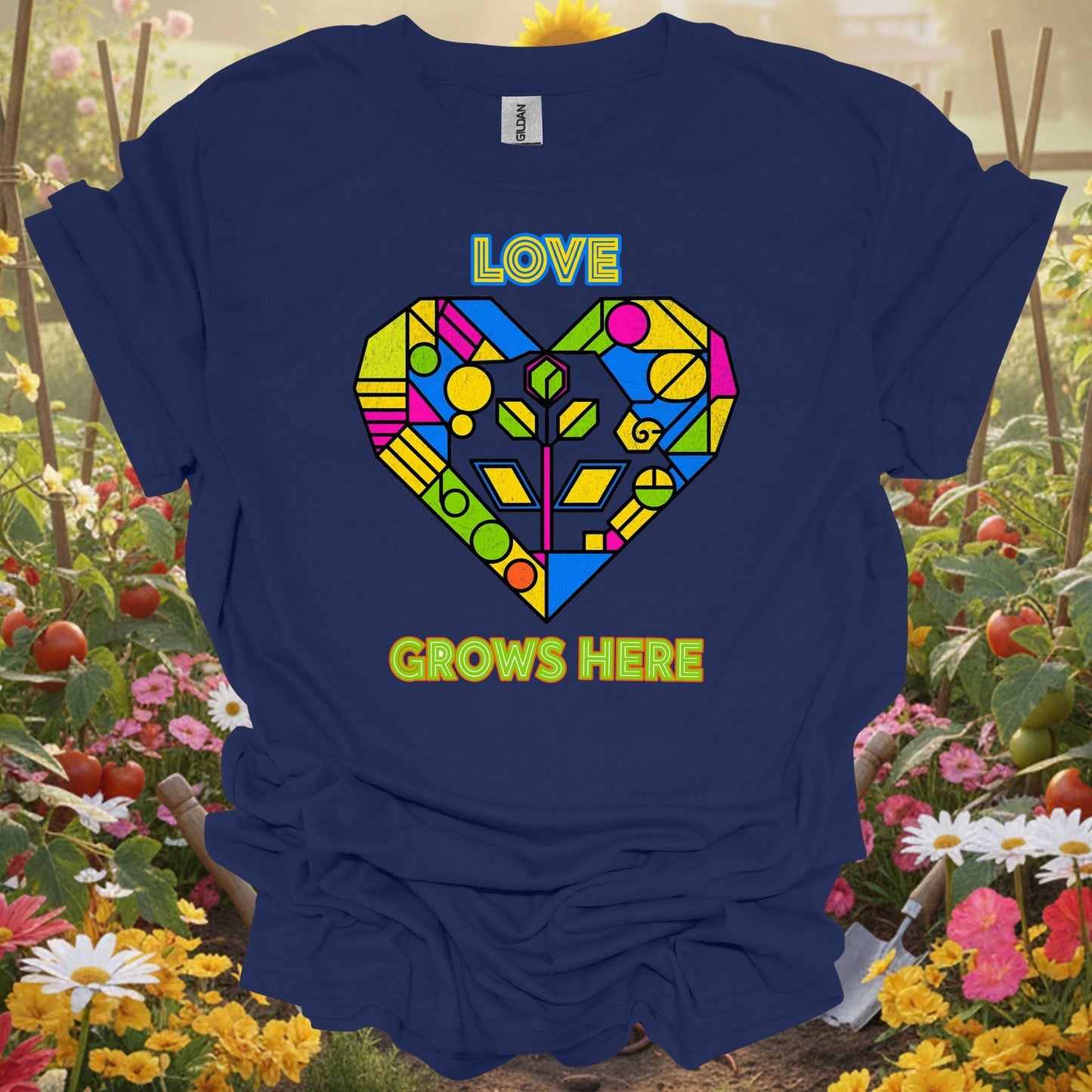 "Love Grows Here" Geometric Heart T-Shirt - GardeningTshirts