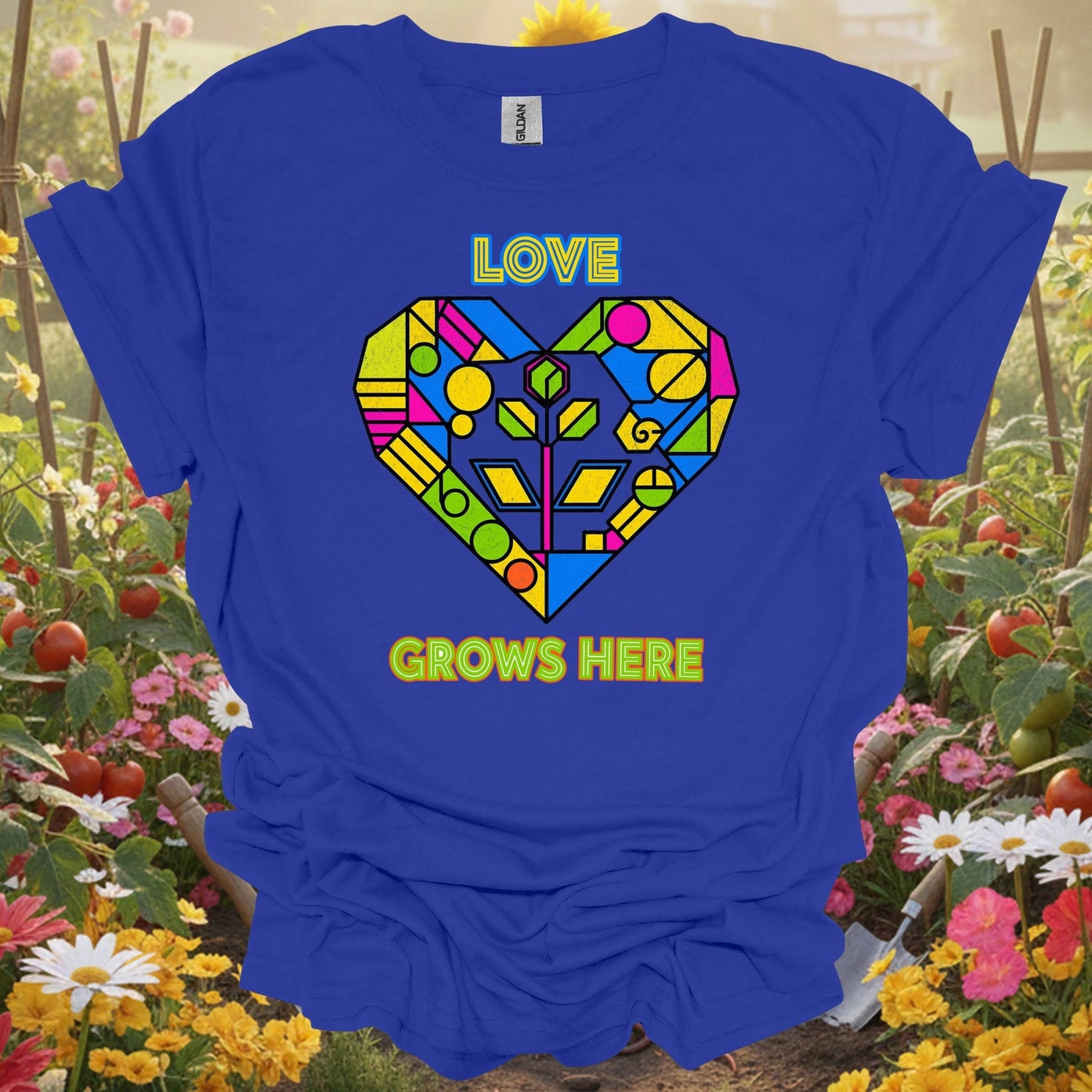 "Love Grows Here" Geometric Heart T-Shirt - GardeningTshirts