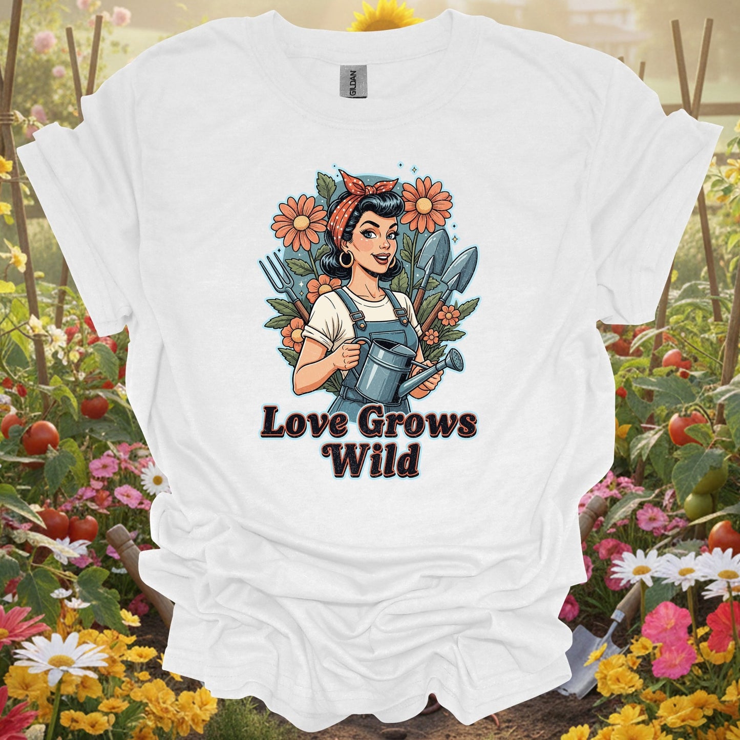 "Love Grows Wild" Vintage Pin - Up Gardening T-Shirt - GardeningTshirts