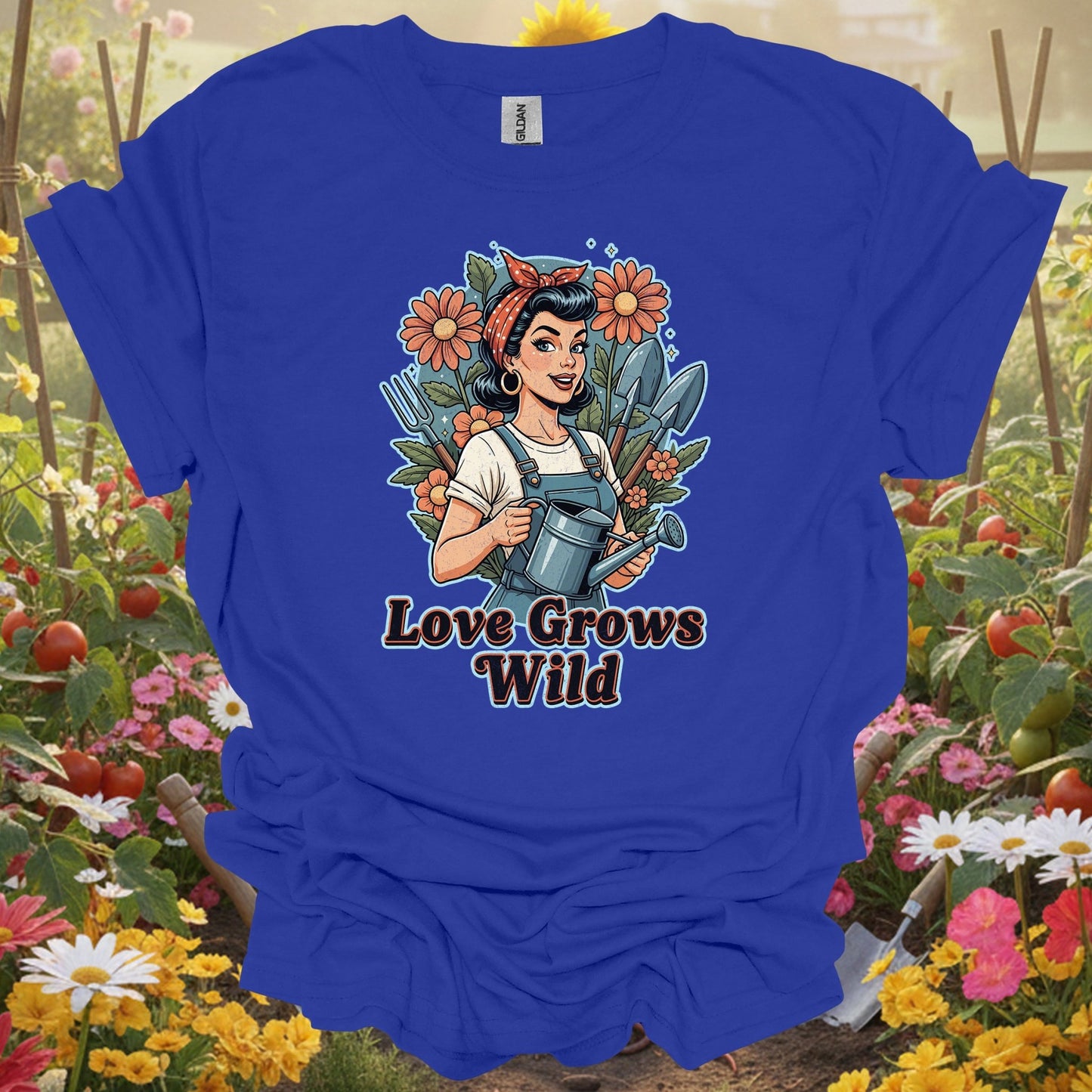 "Love Grows Wild" Vintage Pin - Up Gardening T-Shirt - GardeningTshirts