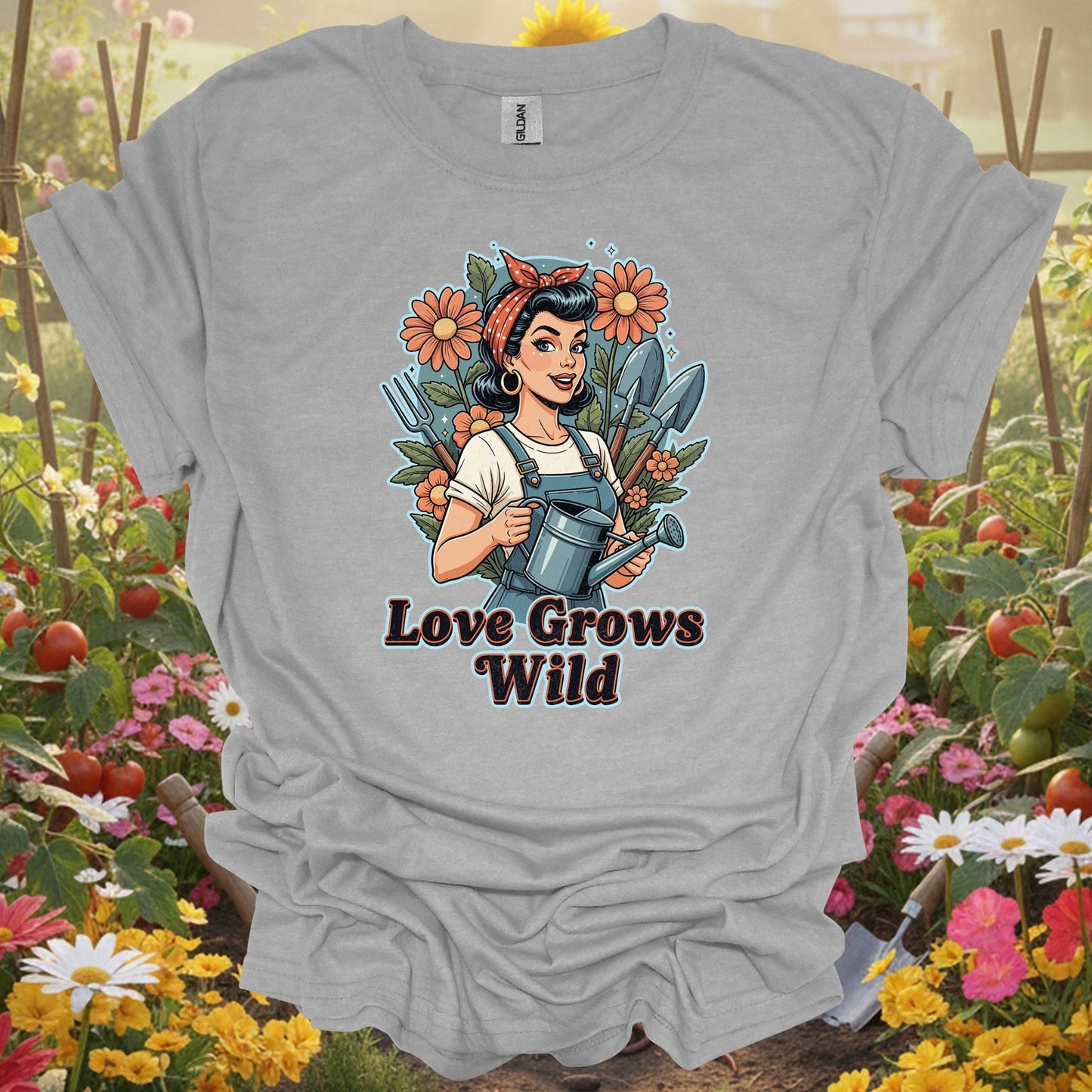 "Love Grows Wild" Vintage Pin - Up Gardening T-Shirt - GardeningTshirts