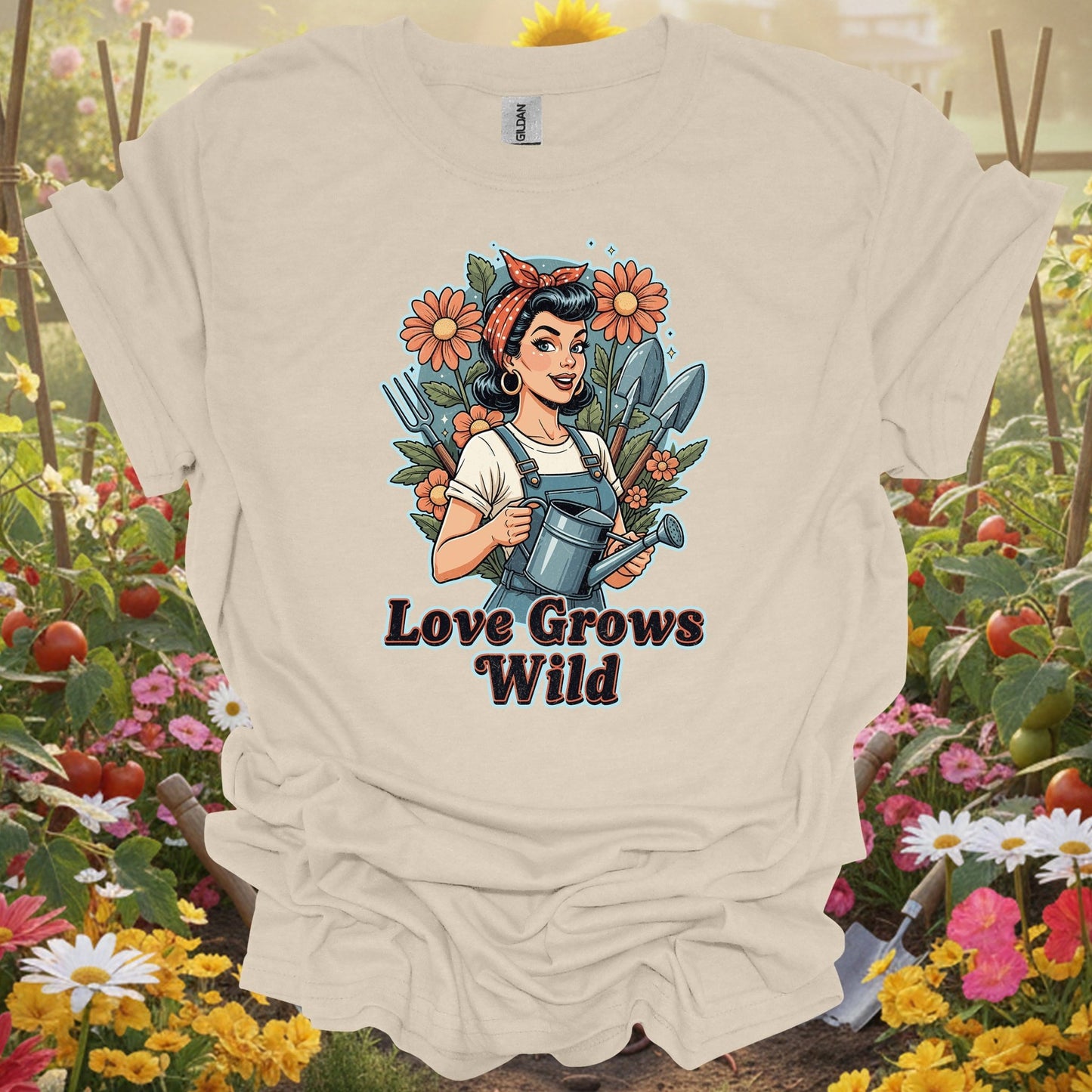 "Love Grows Wild" Vintage Pin - Up Gardening T-Shirt - GardeningTshirts