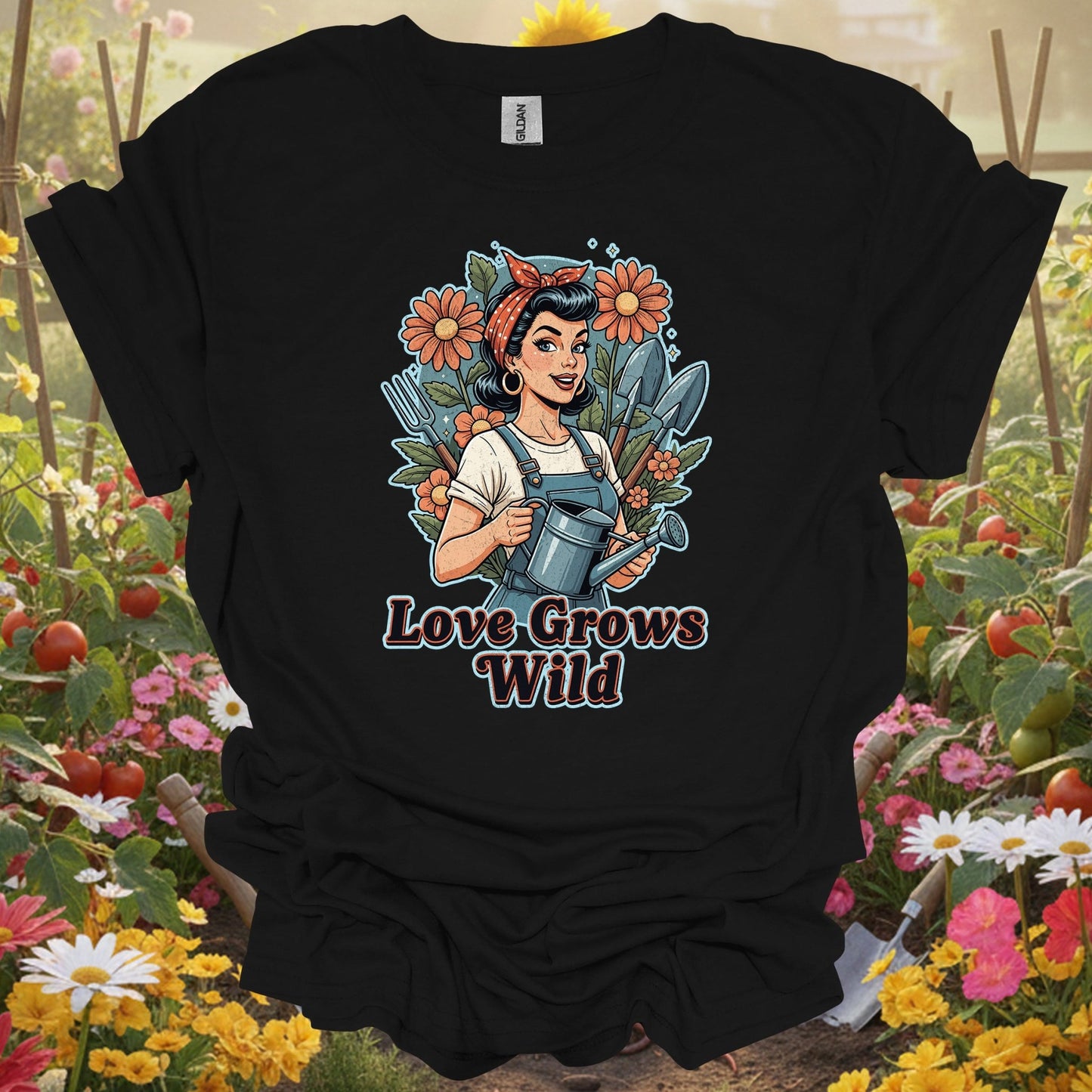 "Love Grows Wild" Vintage Pin - Up Gardening T-Shirt - GardeningTshirts