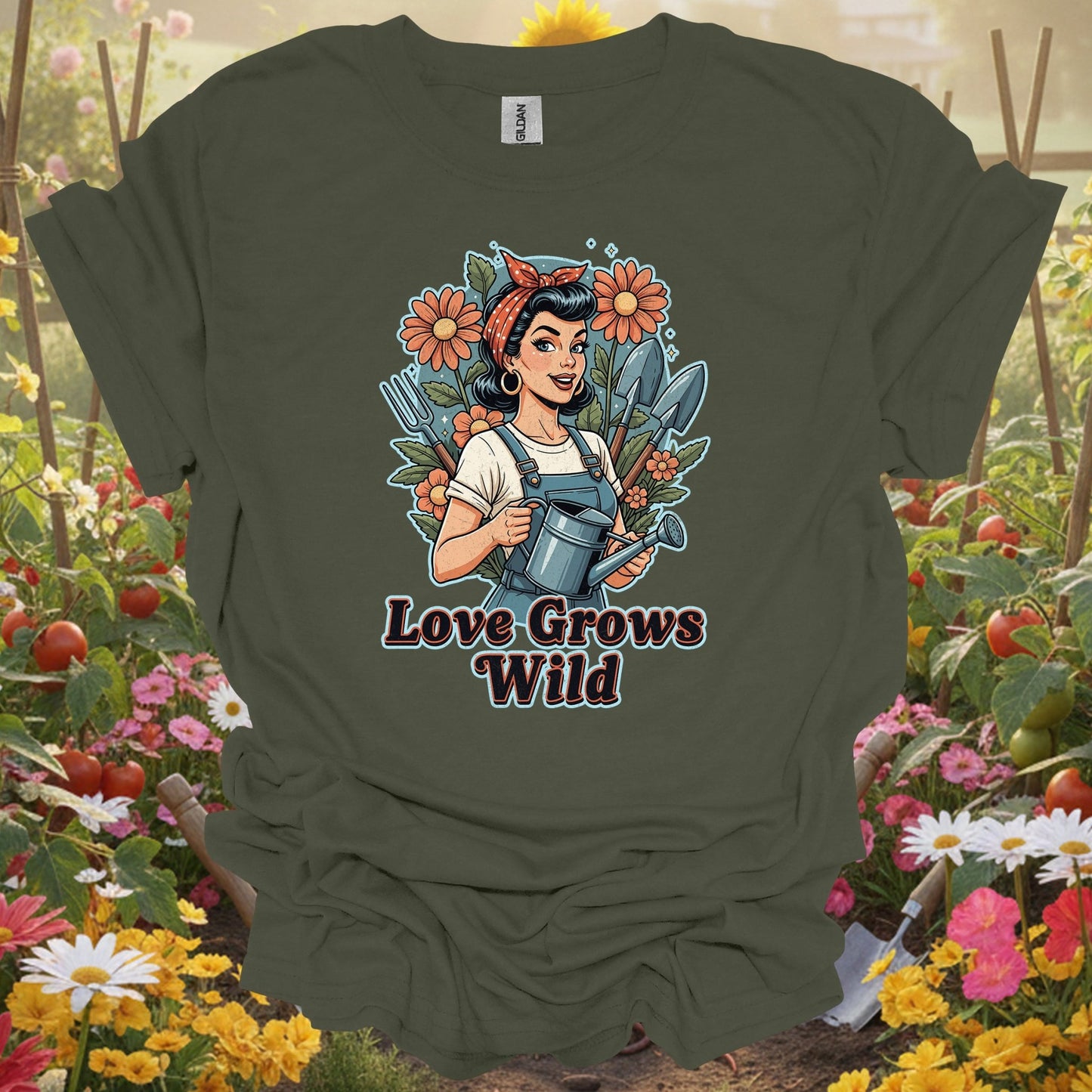 "Love Grows Wild" Vintage Pin - Up Gardening T-Shirt - GardeningTshirts