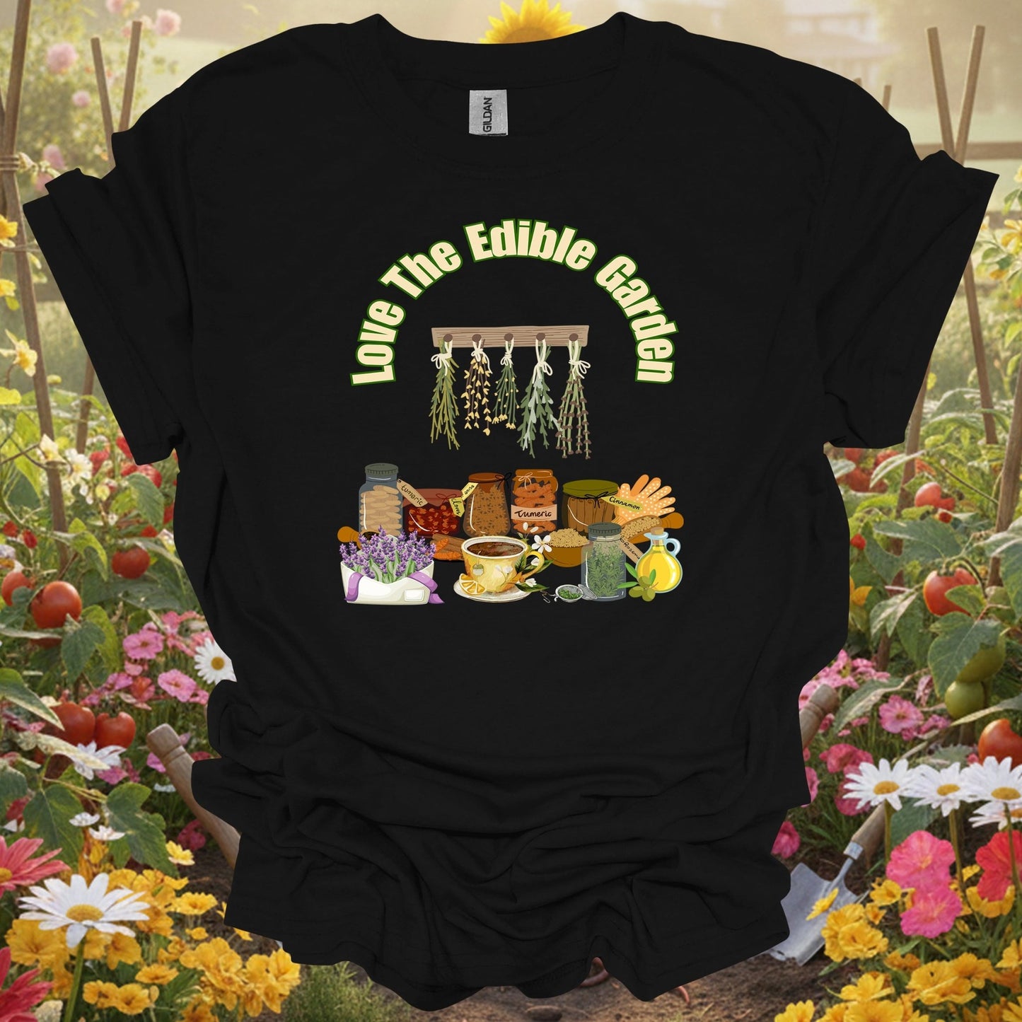 Black t-shirt with a vibrant harvest theme that fits a modern slow-living garden lifestyle and aesthetic.