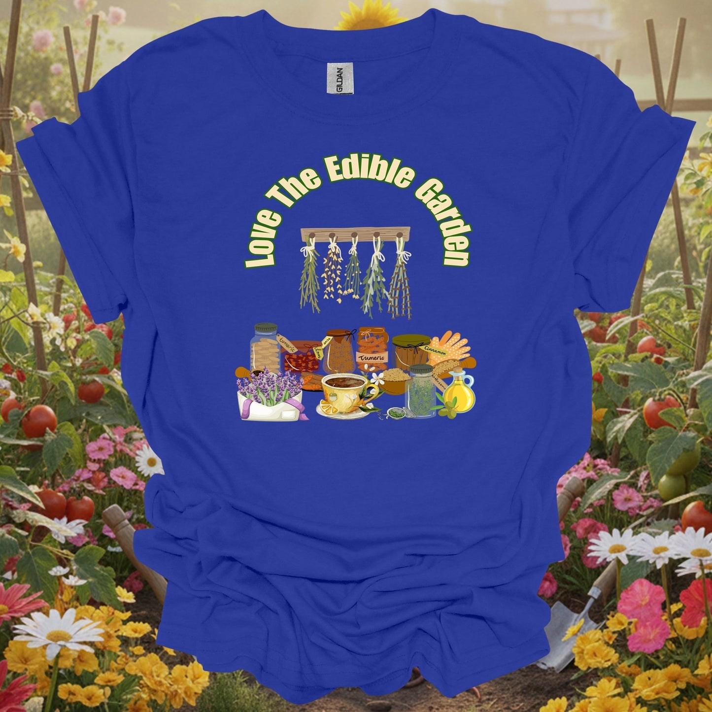 Royal apparel displaying jars of honey and spices on a casual gardening tee for those who find joy in the harvest.