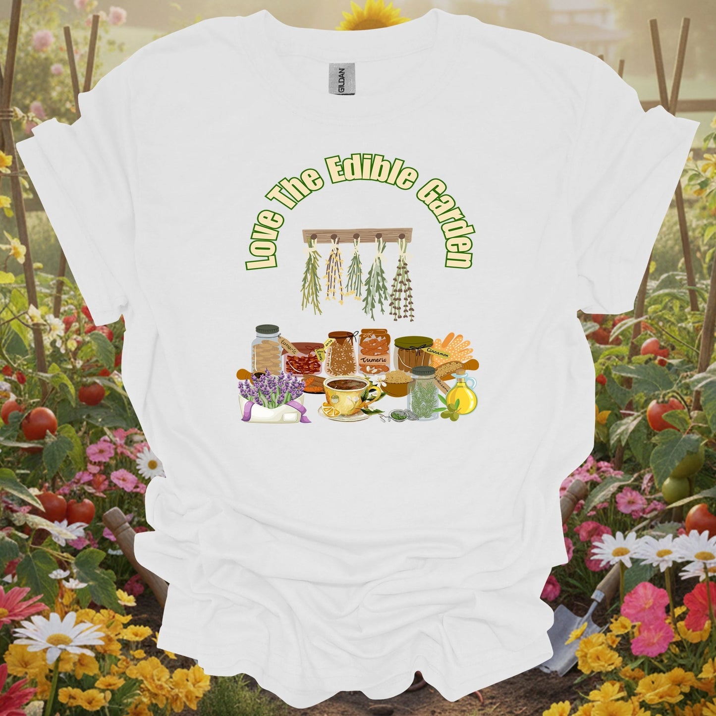 White shirt featuring a nostalgic edible garden design on a classic tee for anyone who finds peace in their kitchen sanctuary.
