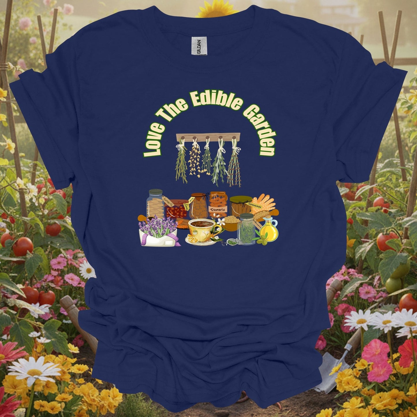 Navy top with a retro storybook botanical graphic that captures a peaceful and mindful homesteading vibe for your sanctuary.