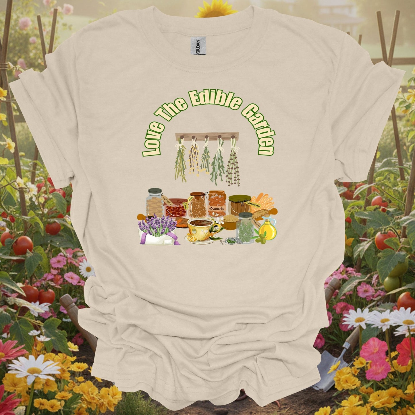 Natural apparel featuring a love the edible garden theme on a soft shirt that honors the simple beauty of the craft.
