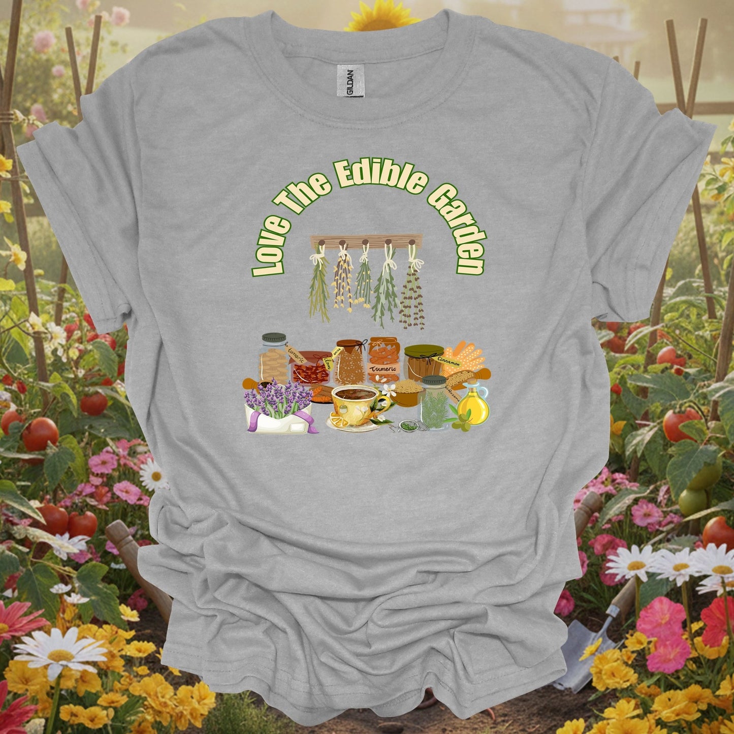 Sport Gray T-shirt with a detailed botanical illustration of dried herbs perfect for sustainable living fans and hobbyists.
