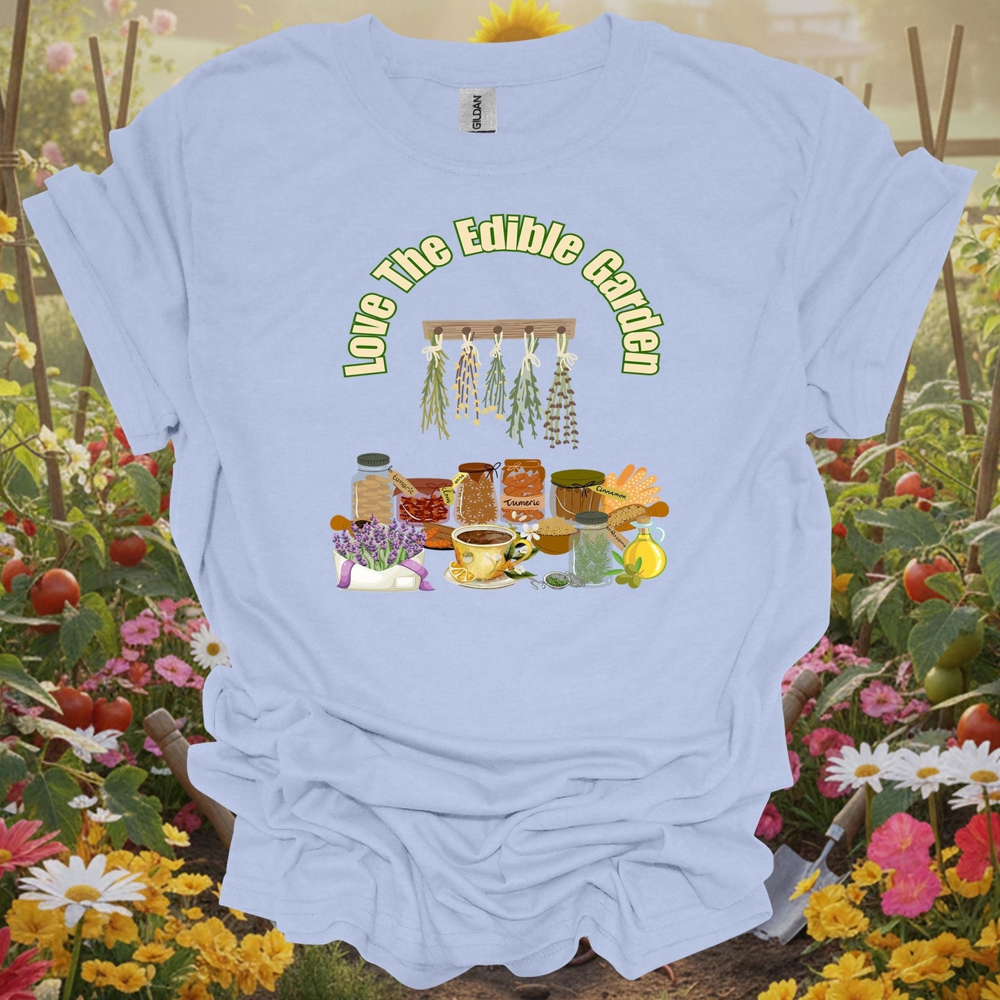 Light Blue shirt with an herb drying theme making a perfect gift T-shirt for any dedicated grower or tea lover.