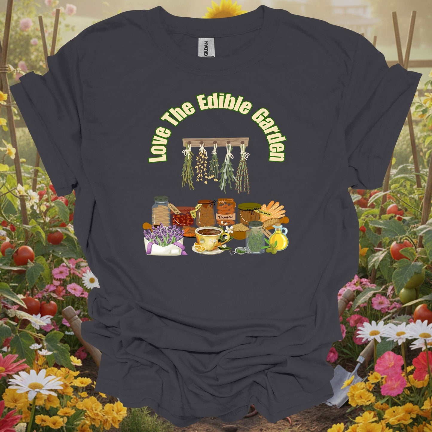 Charcoal tee featuring a harvest pantry design that celebrates the love of an edible garden on a comfortable T-shirt.