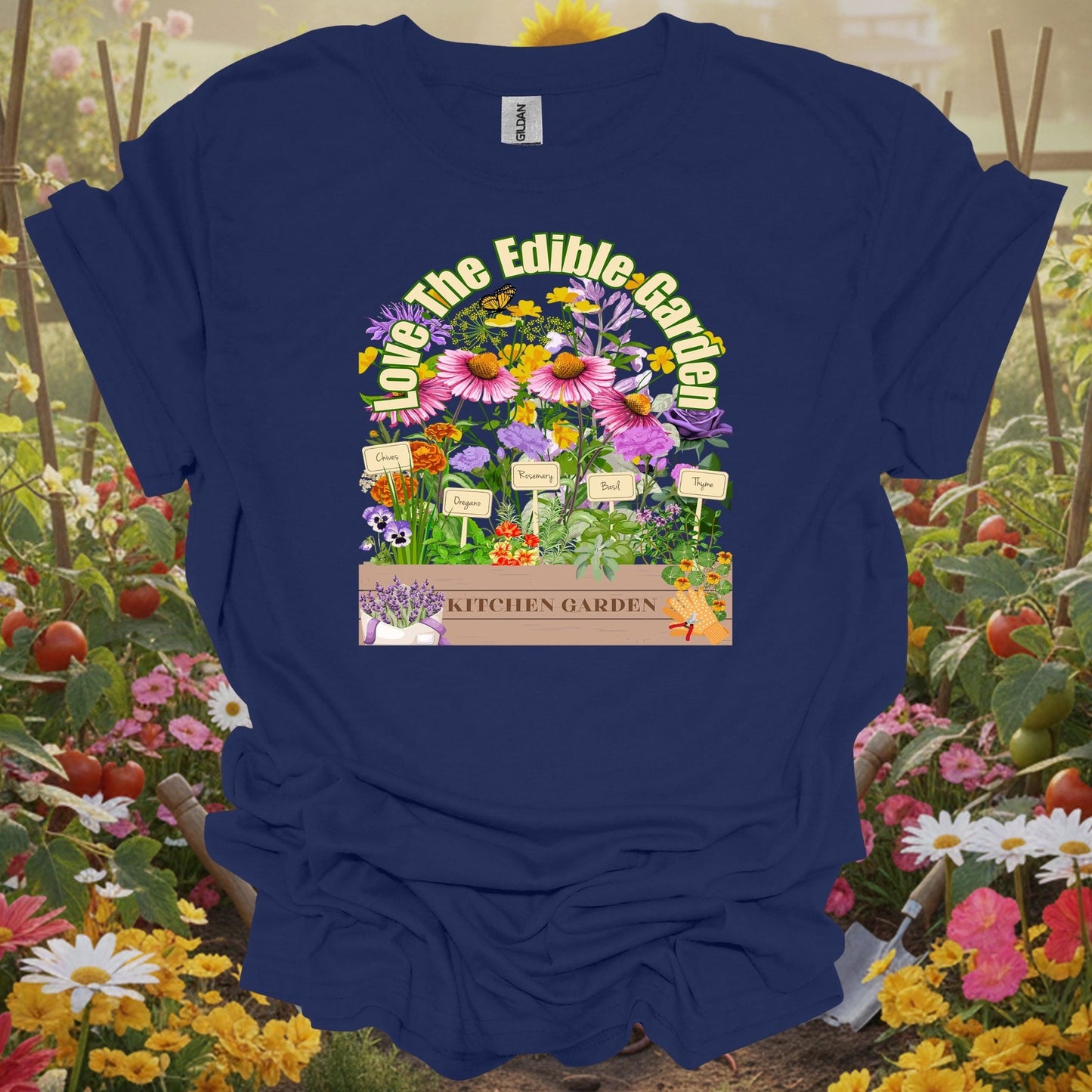 Navy tshirt showing colorful vegetable harvest with vintage florals for people who grow their own food