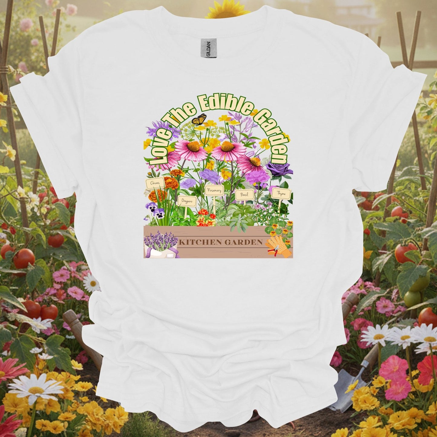 White tee showing colorful vegetable harvest with vintage florals for people who grow their own food