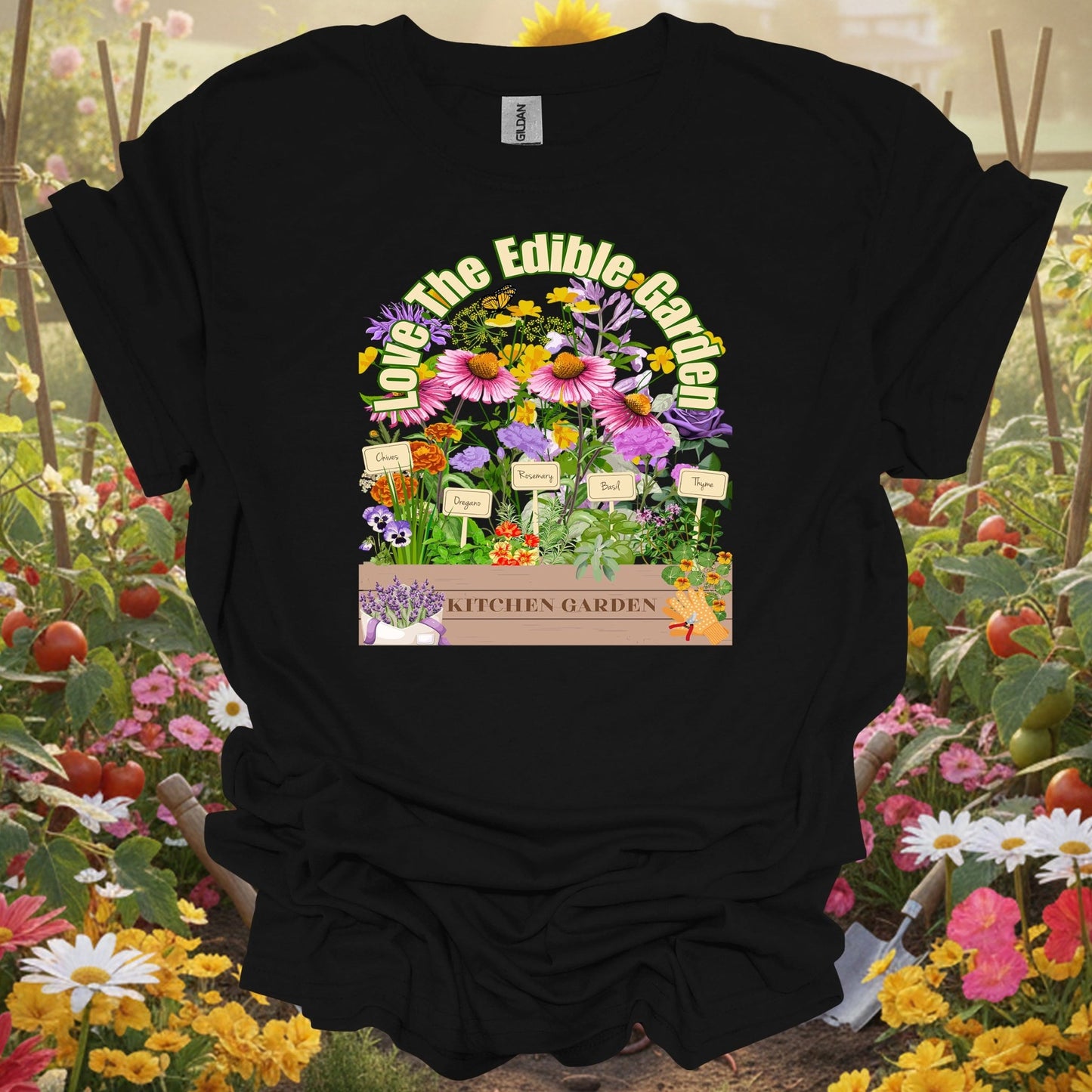 Black shirt showing colorful vegetable harvest with vintage florals for people who grow their own food