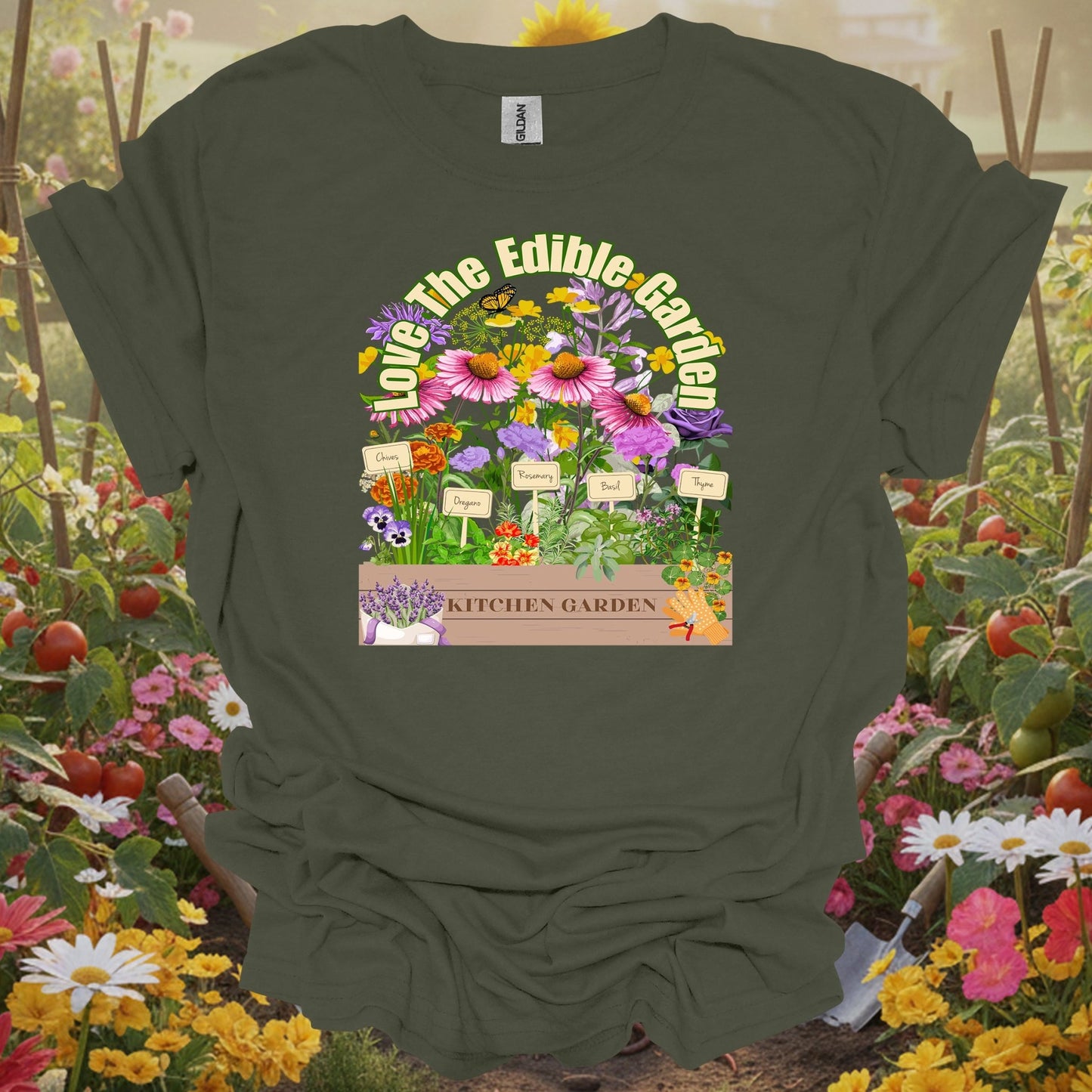 Military Green top showing colorful vegetable harvest with vintage florals for people who grow their own food
