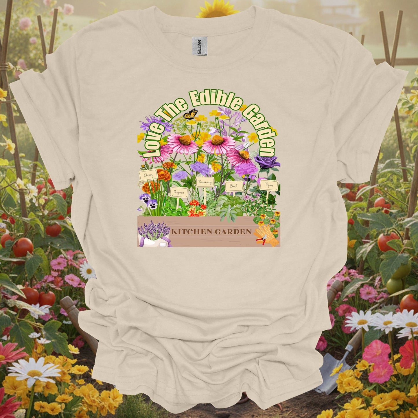 Natural tshirt showing colorful vegetable harvest with vintage florals for people who grow their own food
