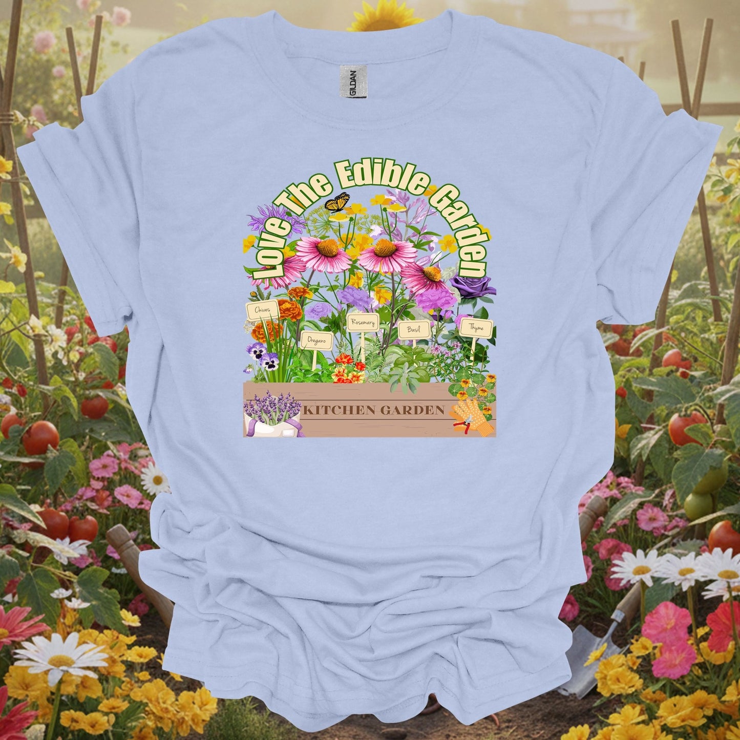 Light Blue shirt showing colorful vegetable harvest with vintage florals for people who grow their own food