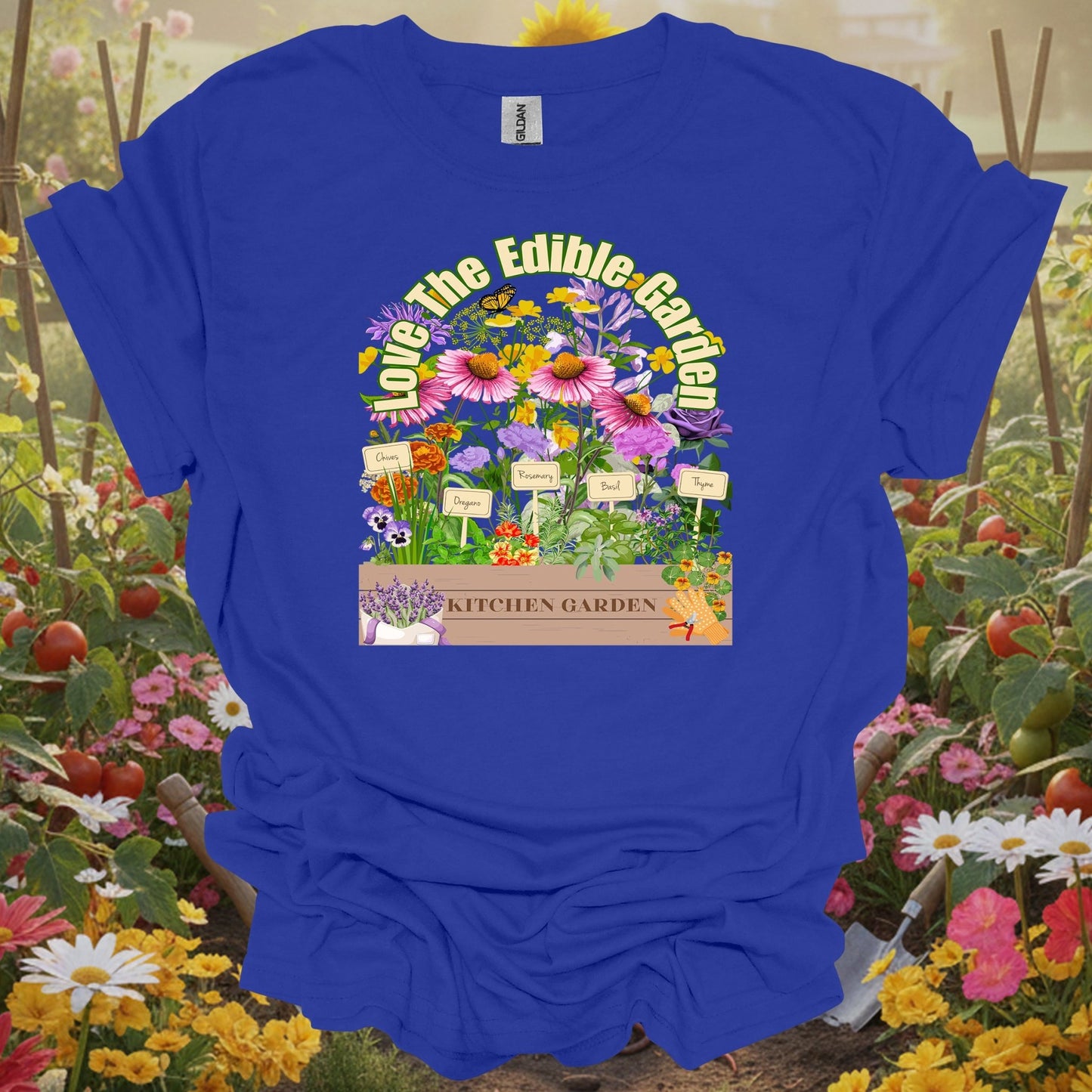 Royal top showing colorful vegetable harvest with vintage florals for people who grow their own food