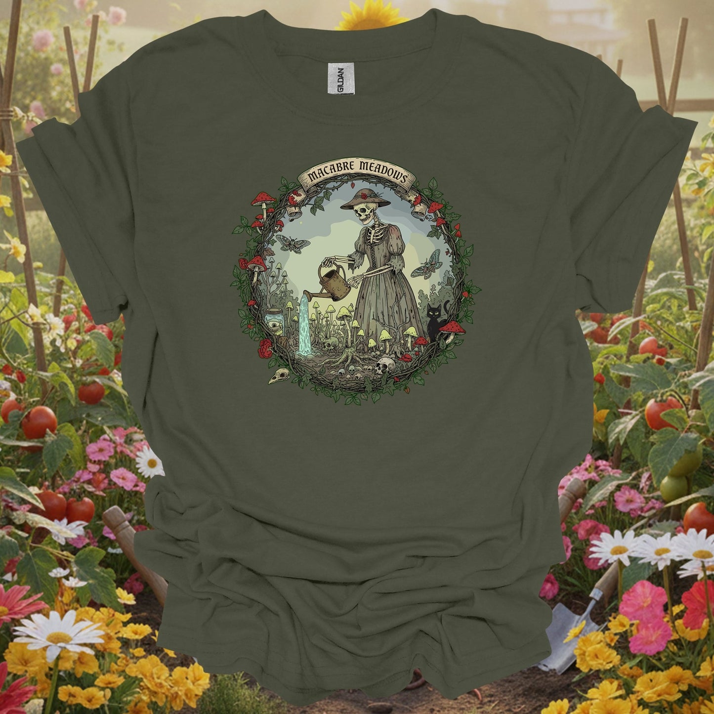 Military Green top showing gothic skeleton gardener in macabre meadows for folks who garden differently