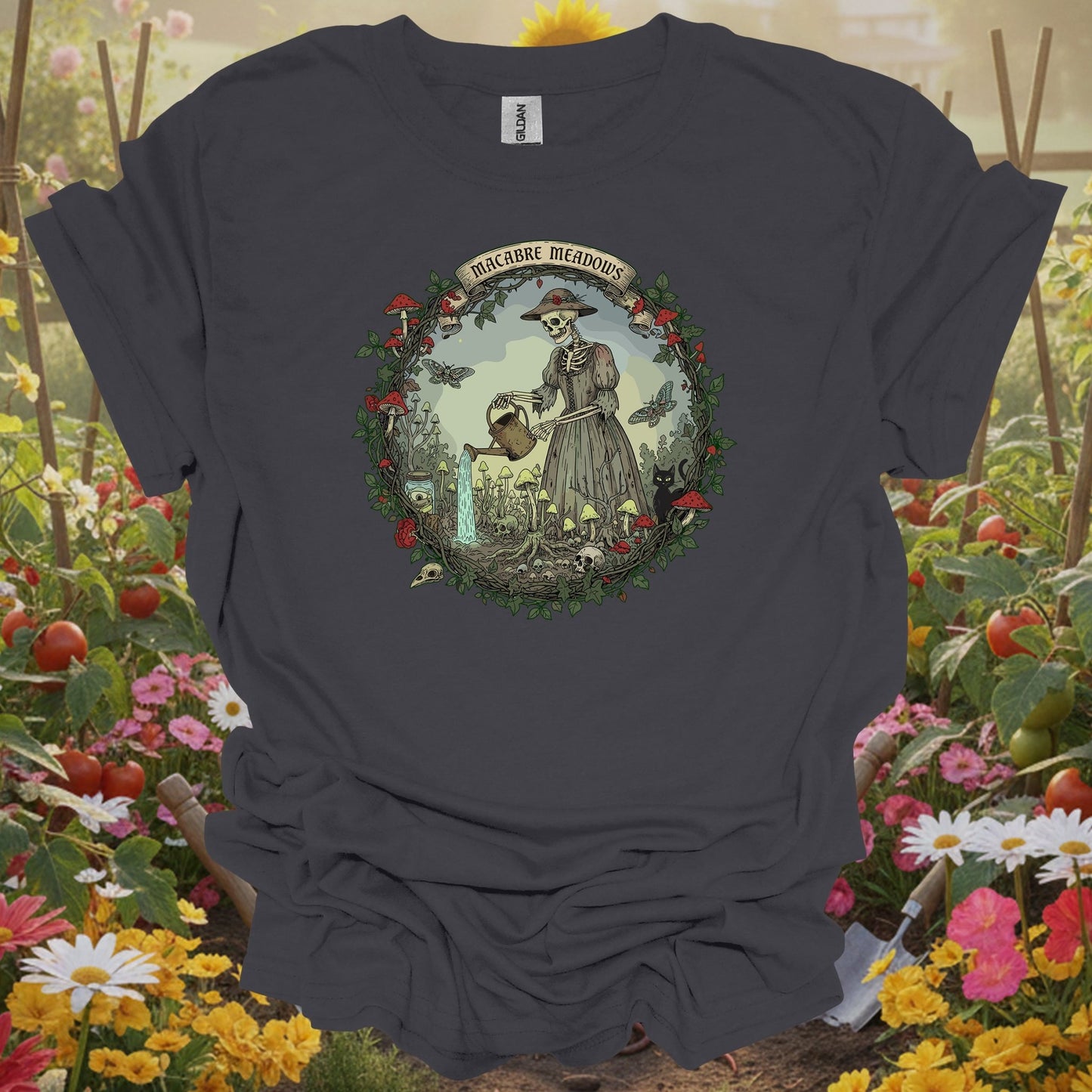 Charcoal tee showing gothic skeleton gardener in macabre meadows for dark aesthetic fans