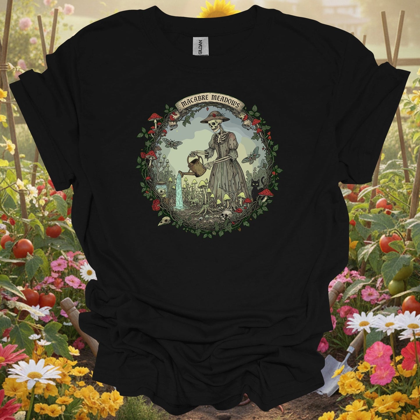 Black shirt showing gothic skeleton gardener in macabre meadows for macabre art enthusiasts