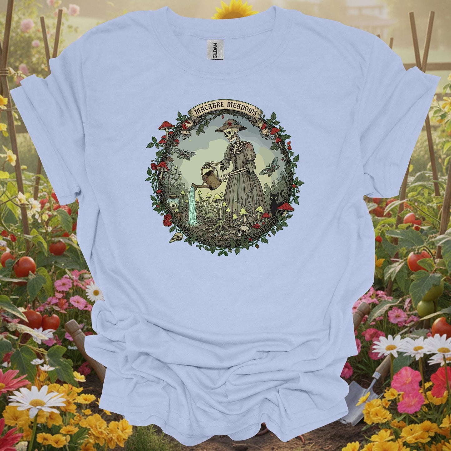 Light Blue shirt showing gothic skeleton gardener in macabre meadows for skeleton art lovers