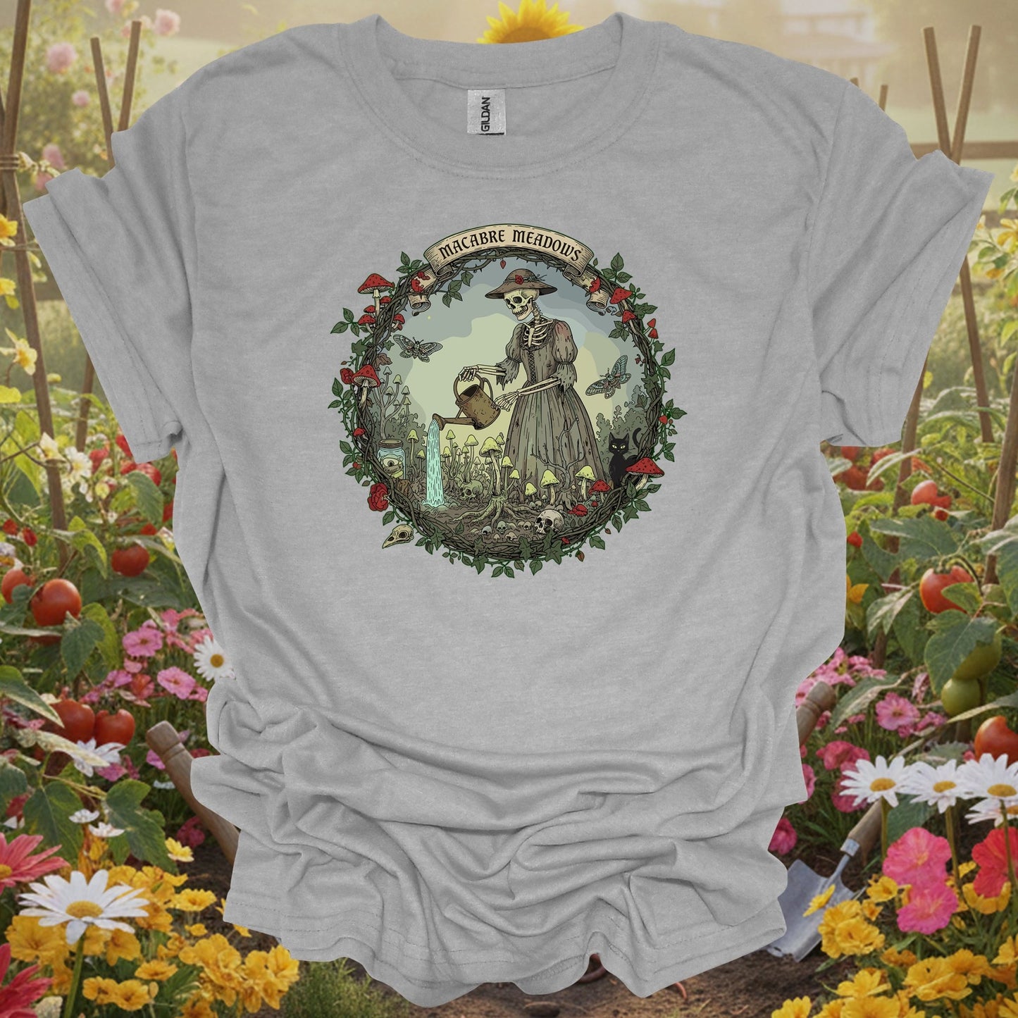 Sport Grey tshirt showing gothic skeleton gardener in macabre meadows for gothic gardeners