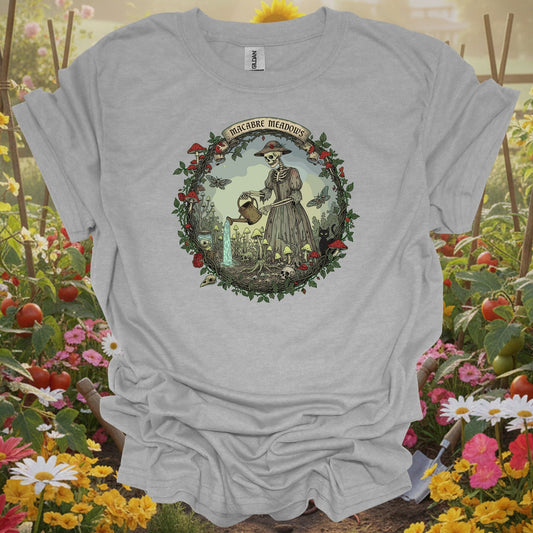 Sport Grey tshirt showing gothic skeleton gardener in macabre meadows for gothic gardeners