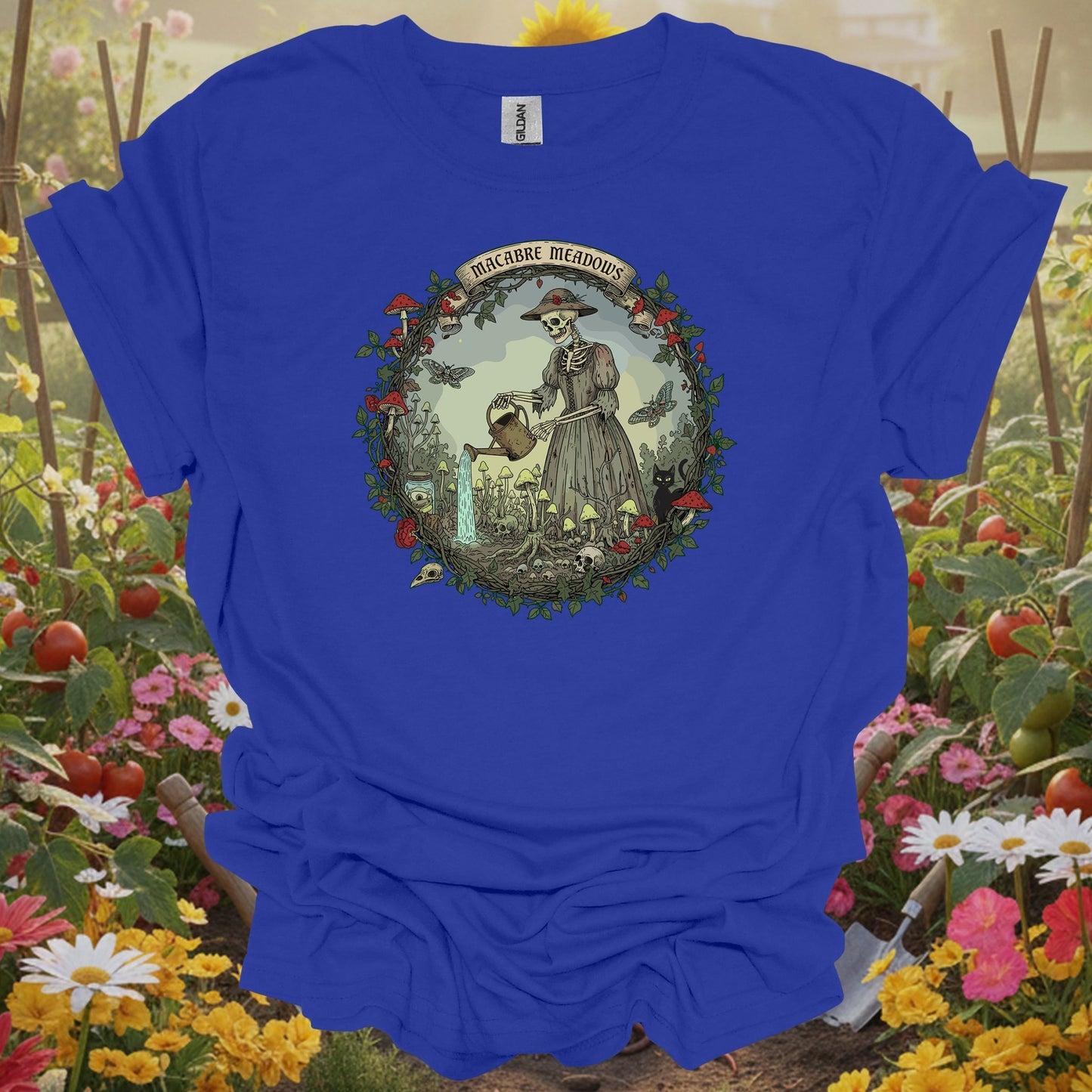 Royal tshirt showing gothic skeleton gardener in macabre meadows for people with darker tastes