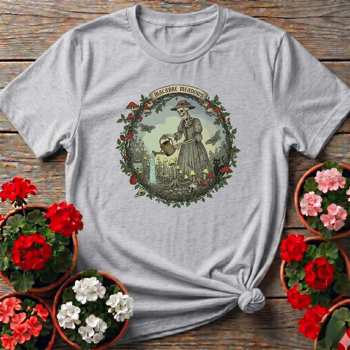 Macabre Meadows Goth Art Skeleton Gardener T-shirt - GardeningTshirts