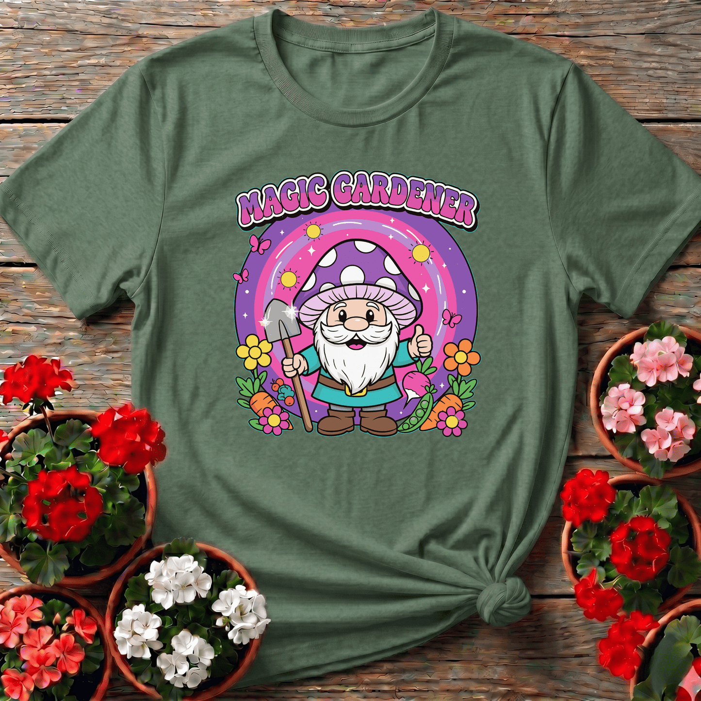 Magic Gardener Gnome Mushroom Hat Gardening T-Shirt - GardeningTshirts