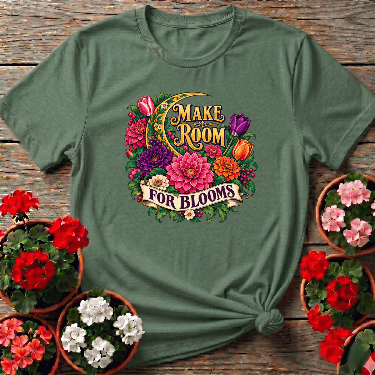 Military Green cottagecore botanical dahlia tee with "Make Room for Blooms" for garden enthusiasts