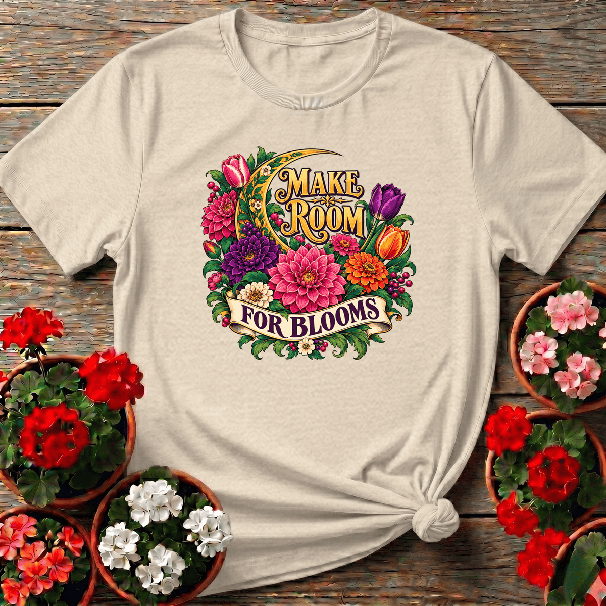 Natural celestial storybook floral gardening shirt with "Make Room for Blooms" for flower lovers