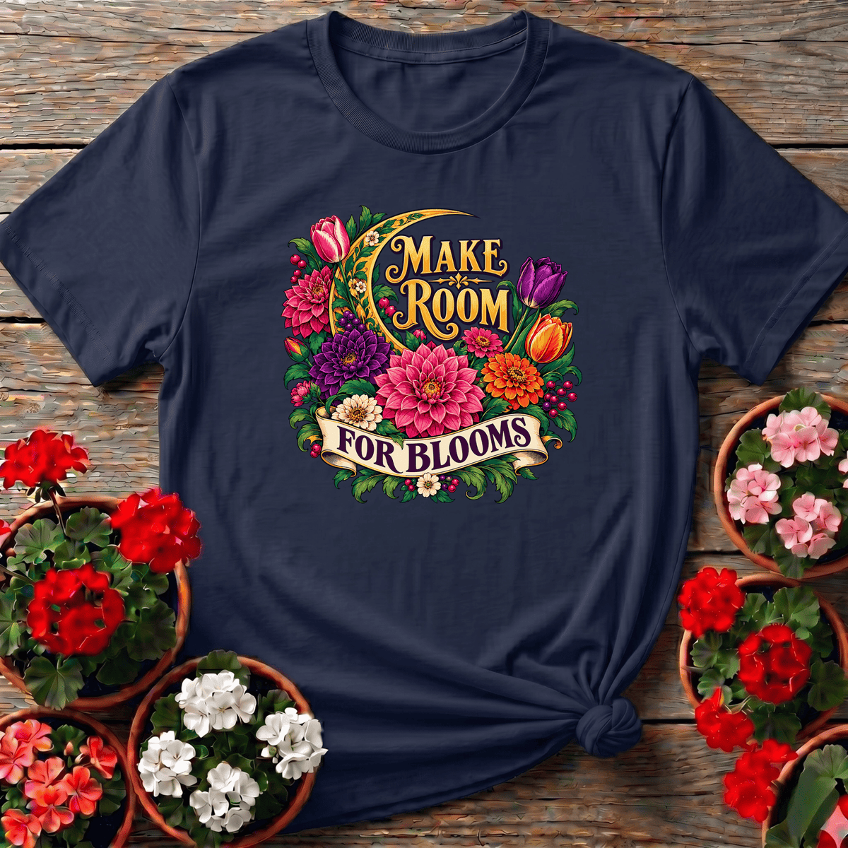 Navy ornate botanical floral t-shirt with "Make Room for Blooms" for cottagecore gardeners