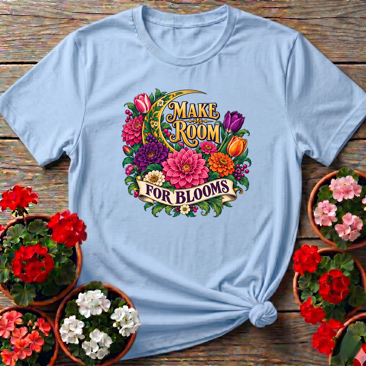 Light Blue dreamy vintage floral gardening top with "Make Room for Blooms" for plant lovers
