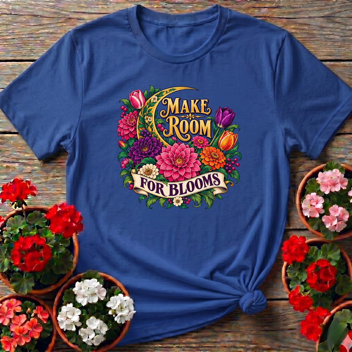 Royal lush celestial flower gardening tee with "Make Room for Blooms" for bloom enthusiasts