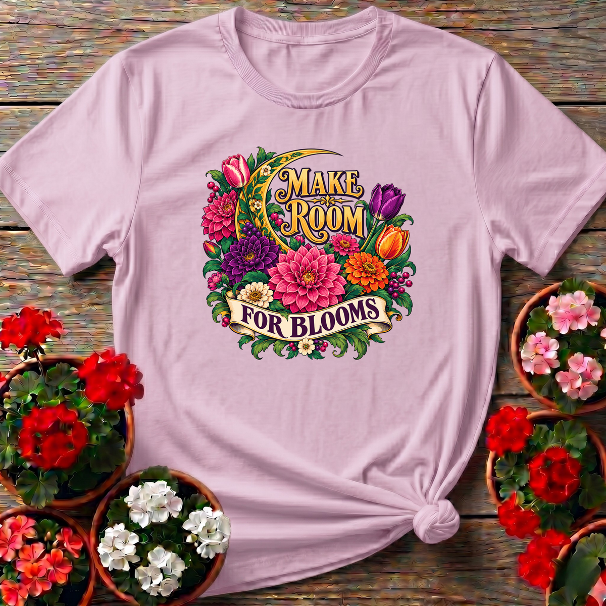 Light Pink ornate romantic bloom gardening tee with "Make Room for Blooms" for cottagecore gardeners