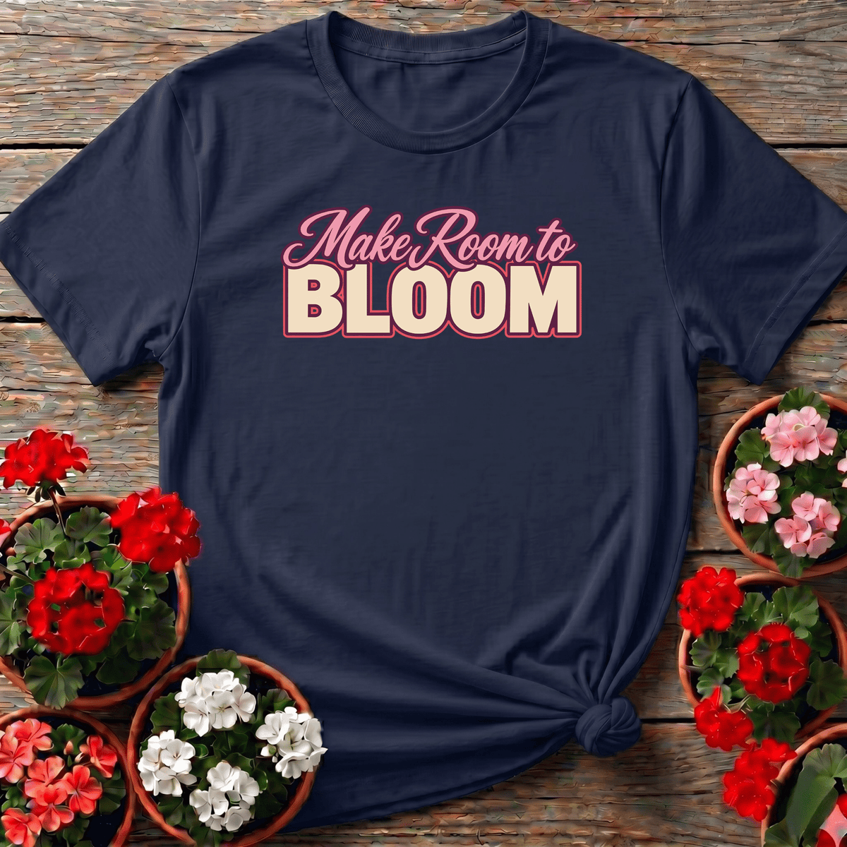 Navy retro script and bold block letter gardening t-shirt with "Make Room to Bloom"